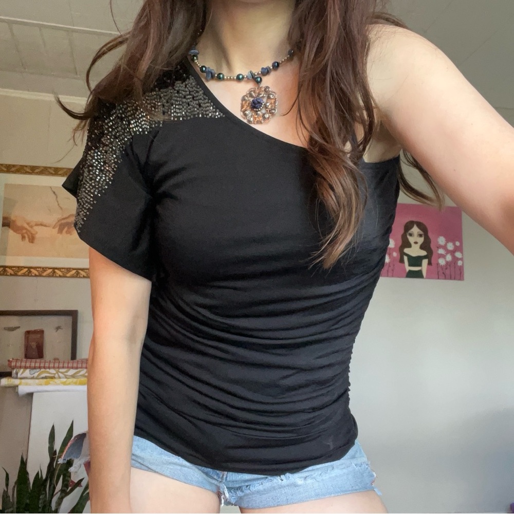 Vintage Y2K Black One Shoulder Beaded Top